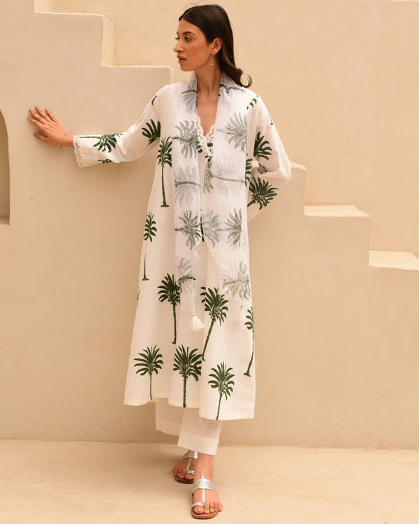 Green palm handblockprinted A-line kurta set of 3