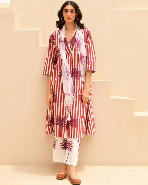 Red stripes and palm handblockprinted A-line kurta set of 3