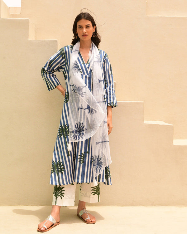 Blue stripes and palm handblockprinted A-line kurta set of 3