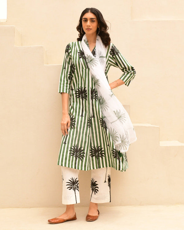 Green stripes and palm handblockprinted A-line kurta set of 3