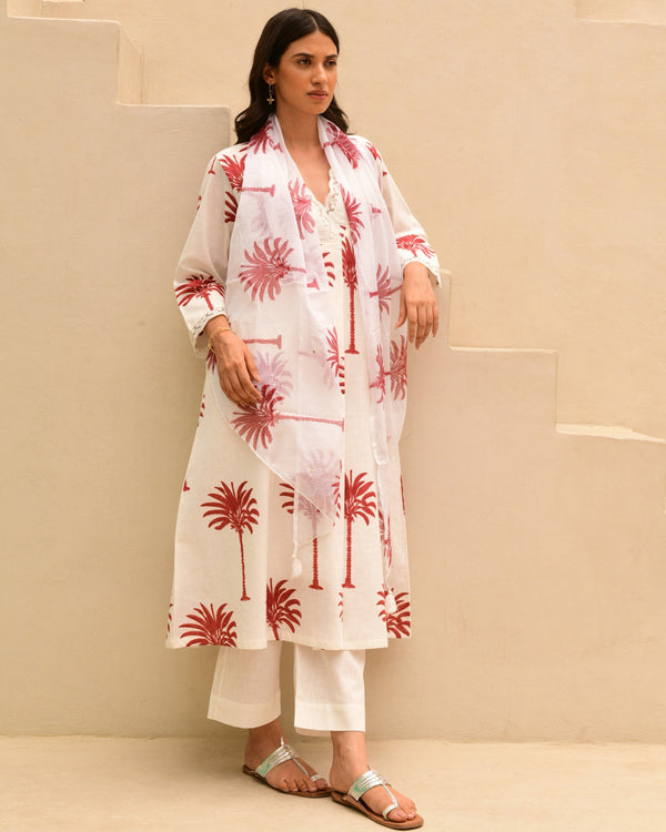 Red palm handblockprinted A-line kurta set of 3