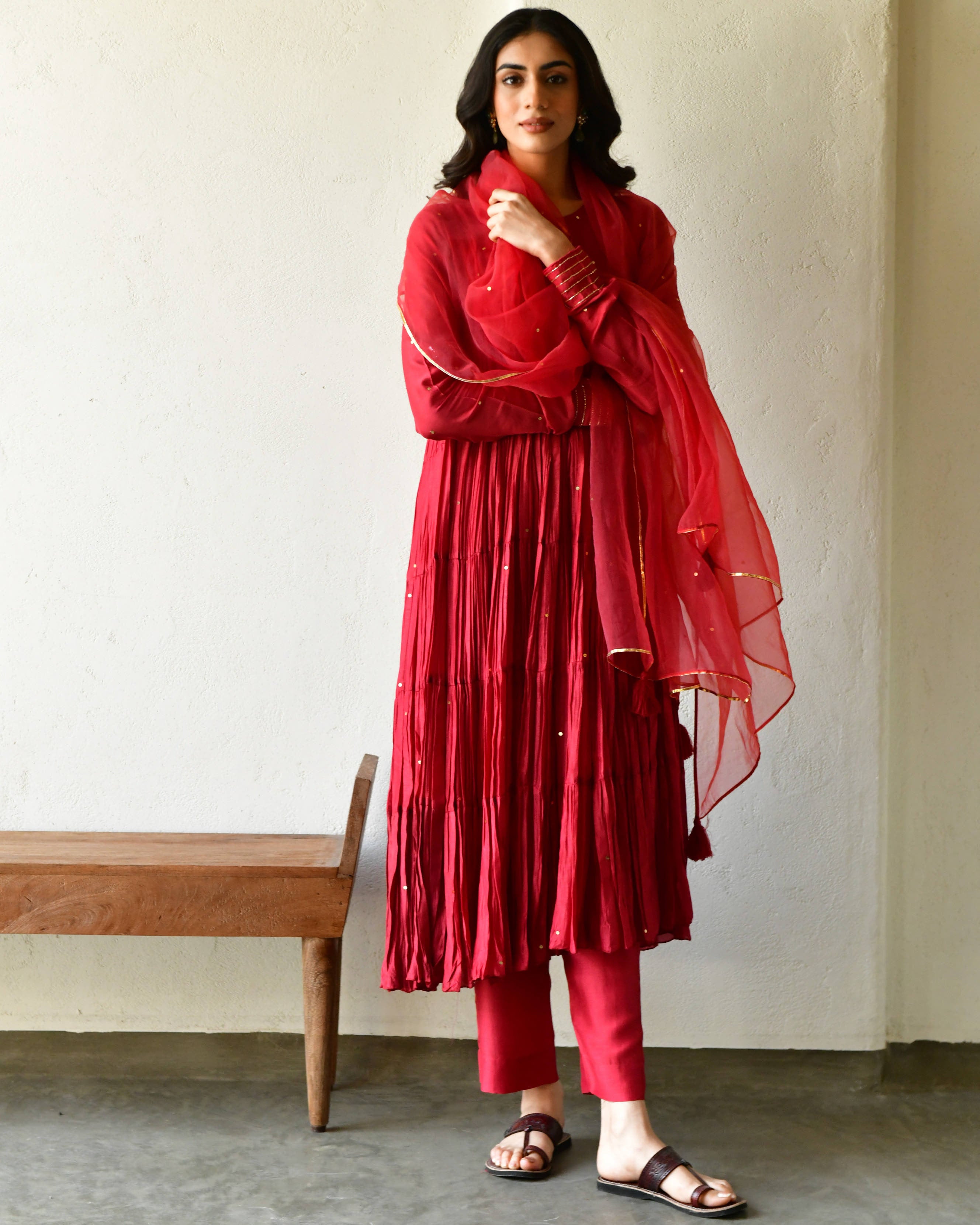 Red Rang Rang red tier anarkali set of 3 7693044351078 β RESHA INDIA