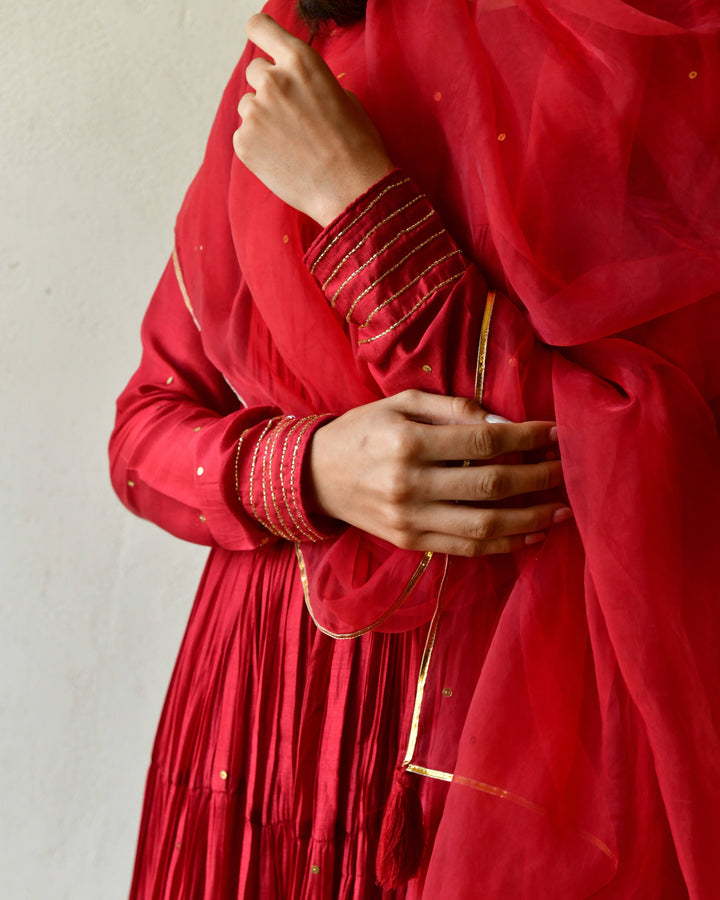 Red Rang Rang red tier anarkali set of 3 7693044351078 β RESHA INDIA