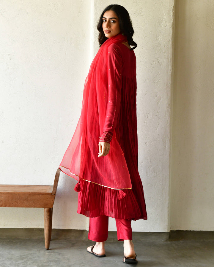 Red Rang Rang red tier anarkali set of 3 7693044351078 β RESHA INDIA