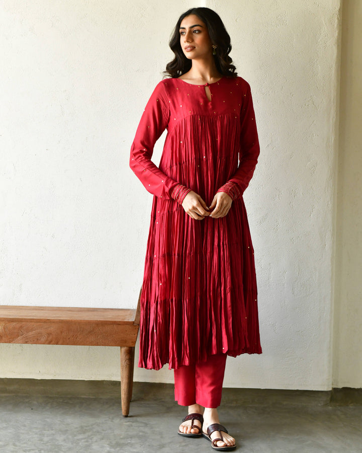 Red Rang Rang red tier anarkali set of 3 7693044351078 β RESHA INDIA