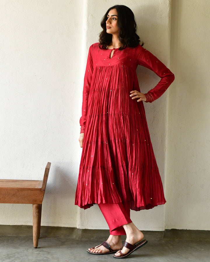 Red Rang Rang red tier anarkali set of 3 7693044351078 β RESHA INDIA
