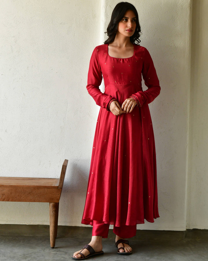 Red Rang Rang red anarkali kurta set of 3 7693044449382 β RESHA INDIA