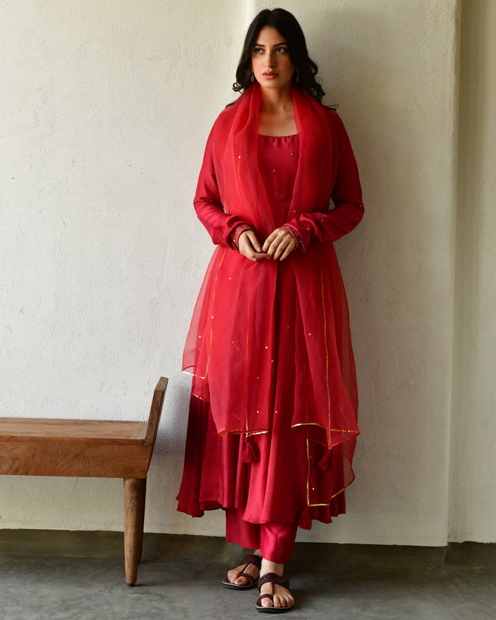 Red Rang Rang red anarkali kurta set of 3 7693044449382 β RESHA INDIA