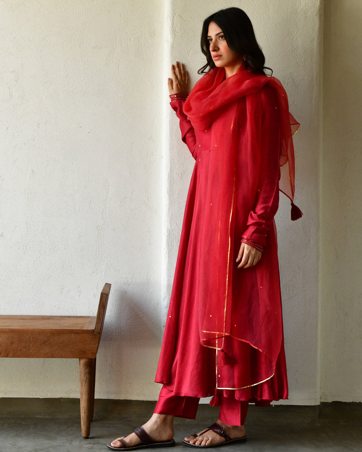 Red Rang Rang red anarkali kurta set of 3 7693044449382 β RESHA INDIA