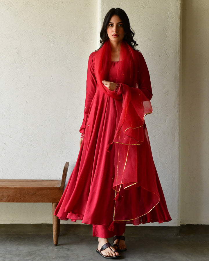 Red Rang Rang red anarkali kurta set of 3 7693044449382 β RESHA INDIA