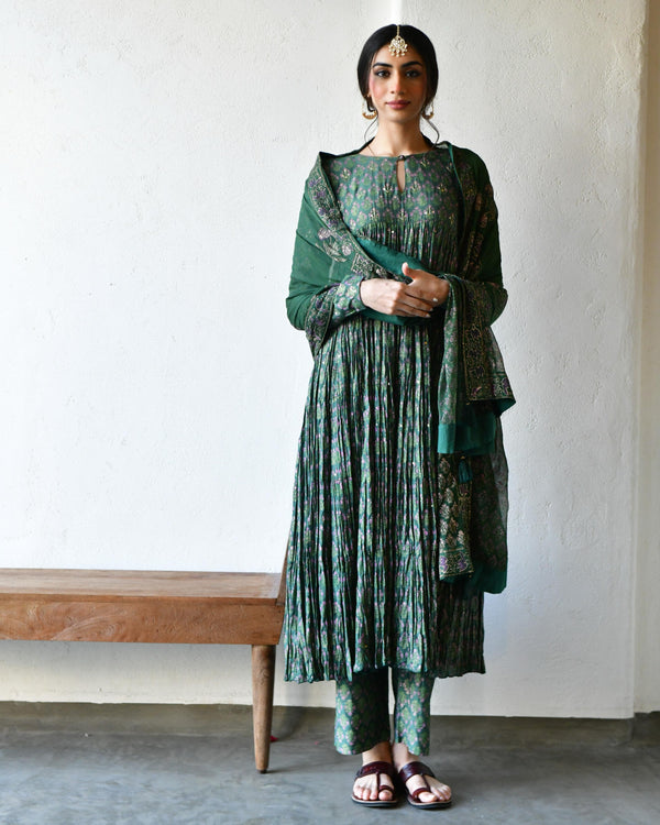 Nayaab green block printed tiered anarkali(set of 3)