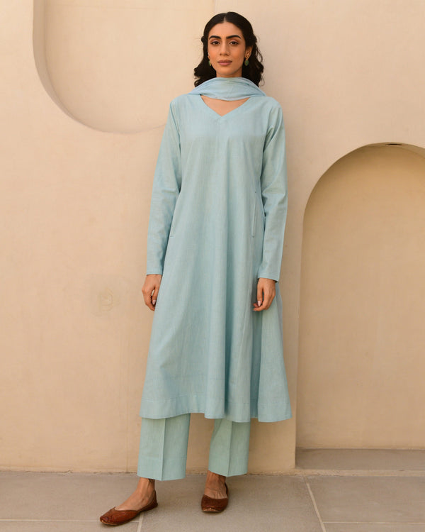 Solid blue linen kurta set of 3