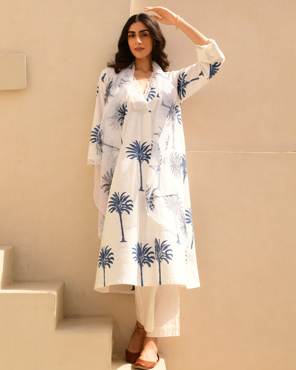 Blue palm handblockprinted A-line kurta set of 3