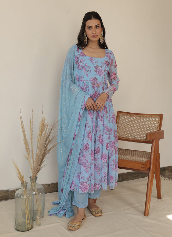 Zaheen Blue Floral Anarkali Set