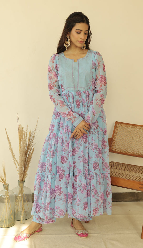 Zaheen Blue Gathered Anarkali Set