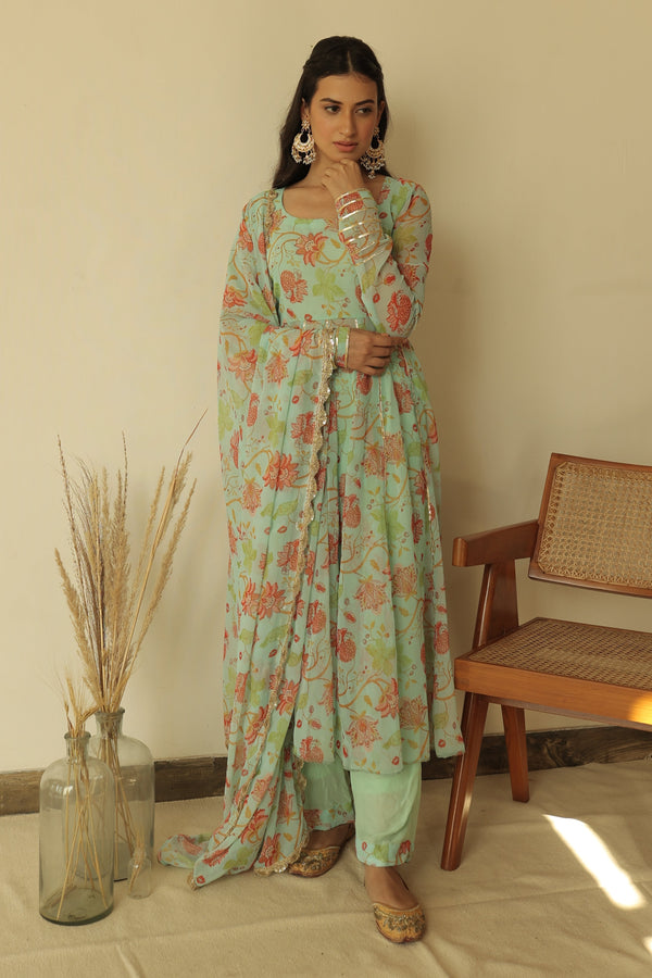 Zaheen Green Floral Anarkali Set