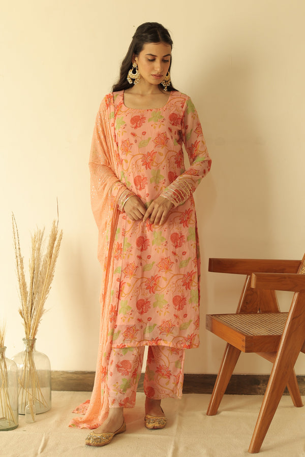 Zaheen Peach Floral Straight Set