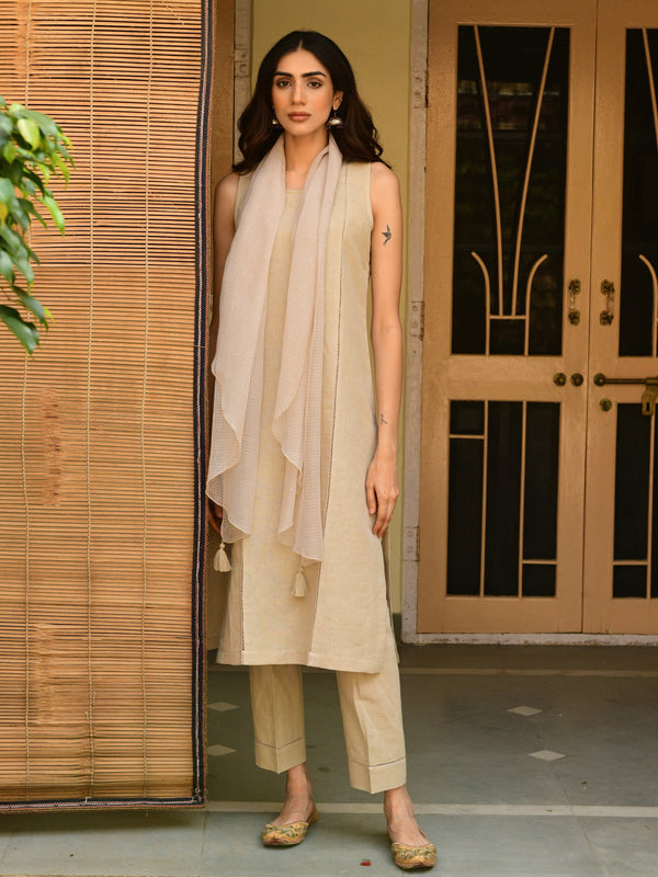 Beige linen kurta set-set of 3