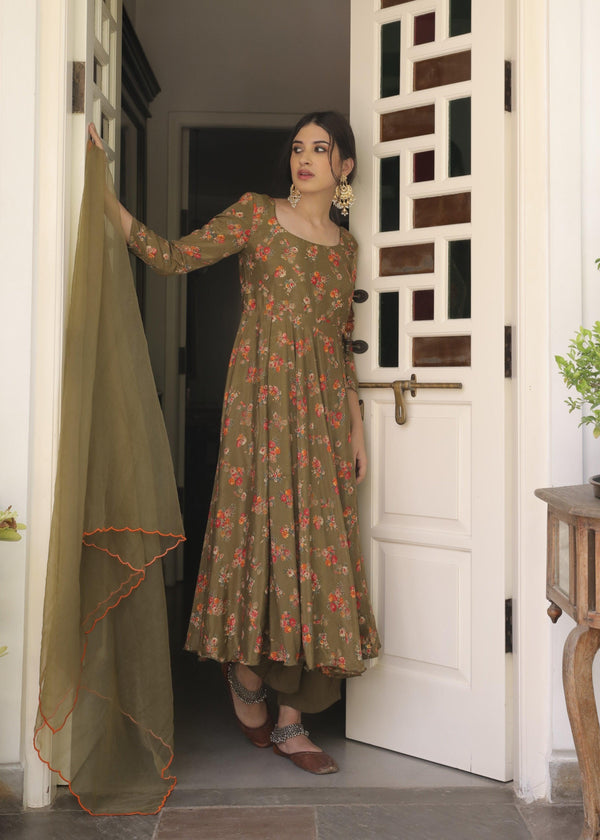 Nargis Olive Anarkali Set