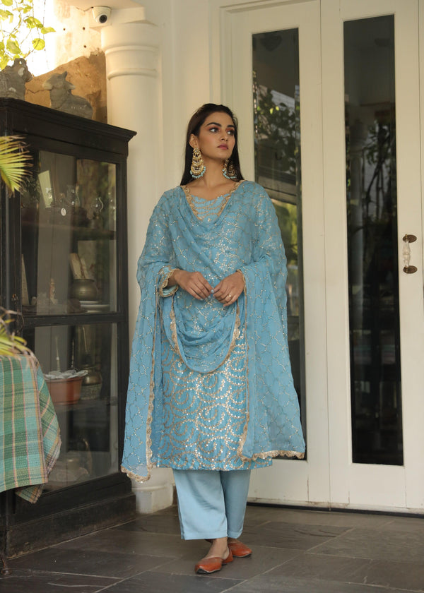 Mariyam Blue Straight Suit -Set of 3