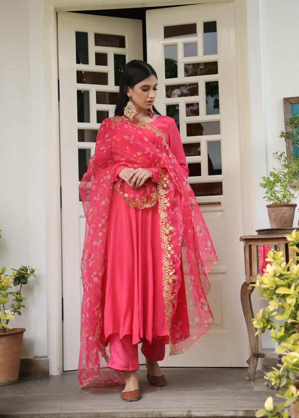 Nasreen Pink Anarkali Suit - Set of 3